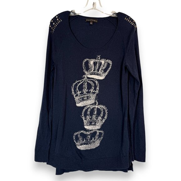 Rock & Republic Studded Shoulder Crown Graphic Tunic Sweater Blue Y2K Medium - Picture 1 of 7